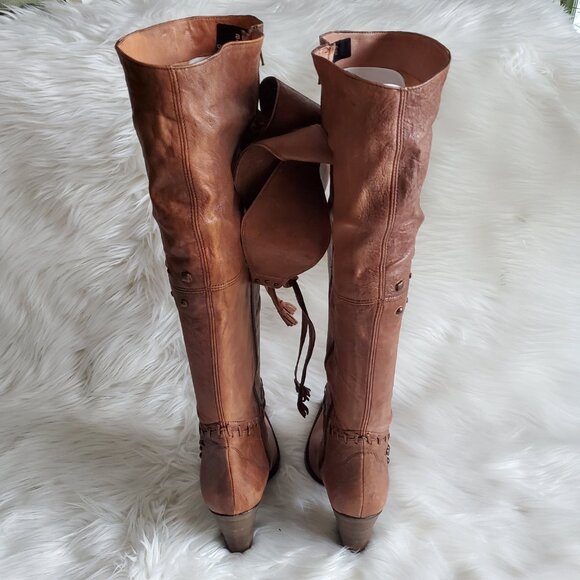 Andre' Cognac Leather Riding Studded Side Zipper Knee High Boot SZ 8 - Picture 6 of 16